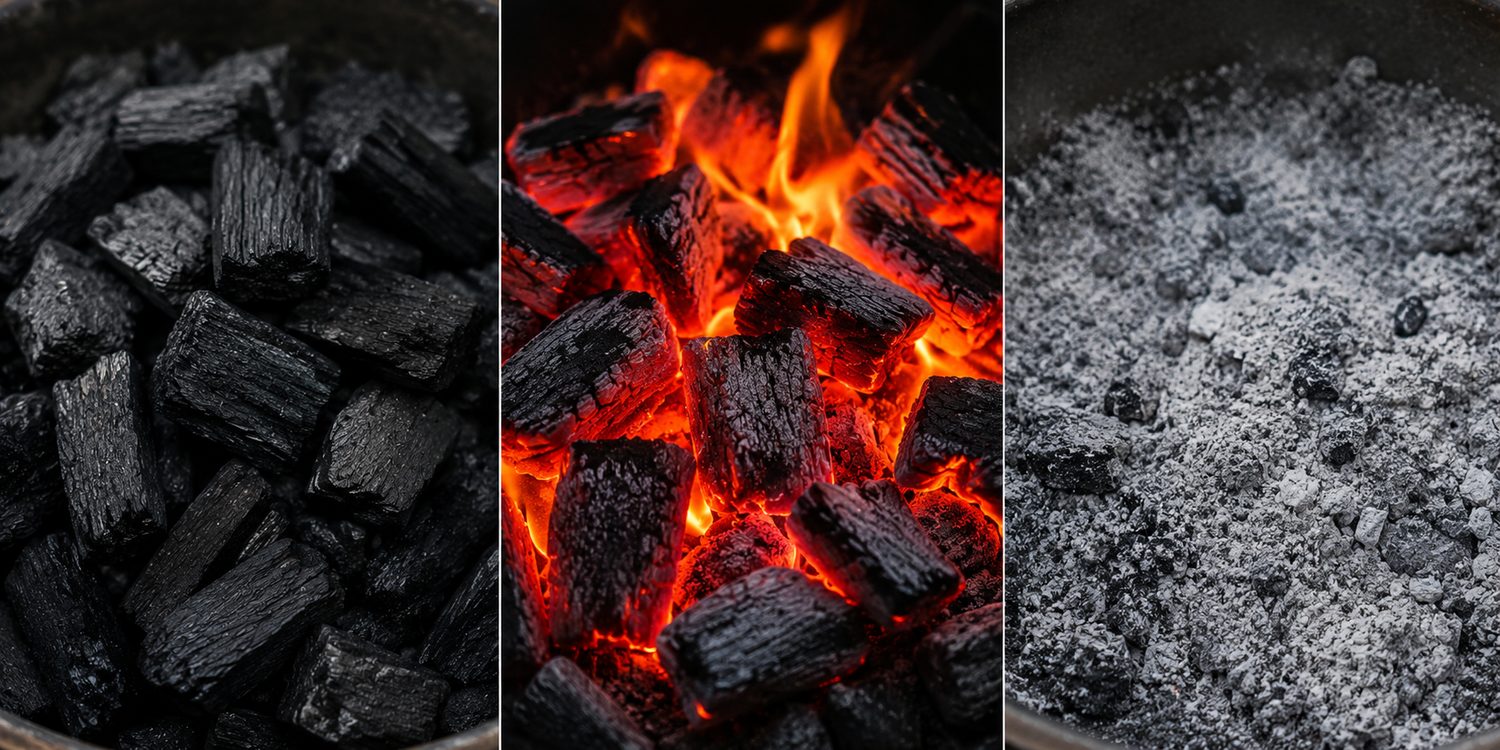 Charcoal in three states: black and unlit, burning red with flame, and reduced to grey ash