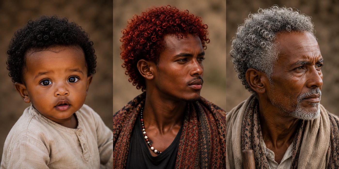Three stages of human life: an infant with black hair, a youth with red-dyed hair, and an elder with grey-white hair