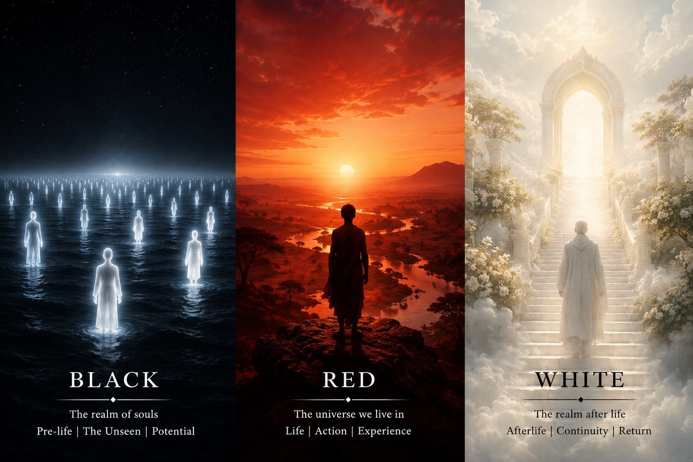 The three realms of pre-Islamic Somali cosmology: Black, the realm of souls and pre-life; Red, the universe we live in; White, the realm after life
